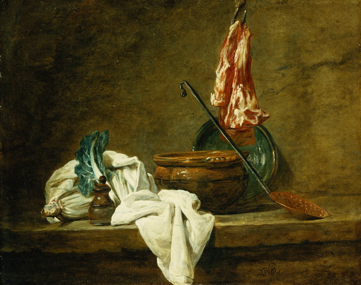 Rödbetor, en kryddlåda, en disktrasa, en gryta, en glaserad lergodsplatta, en skummare, med kött på en krok, på en avsats, 1734 av Jean Baptiste Simeon Chardin