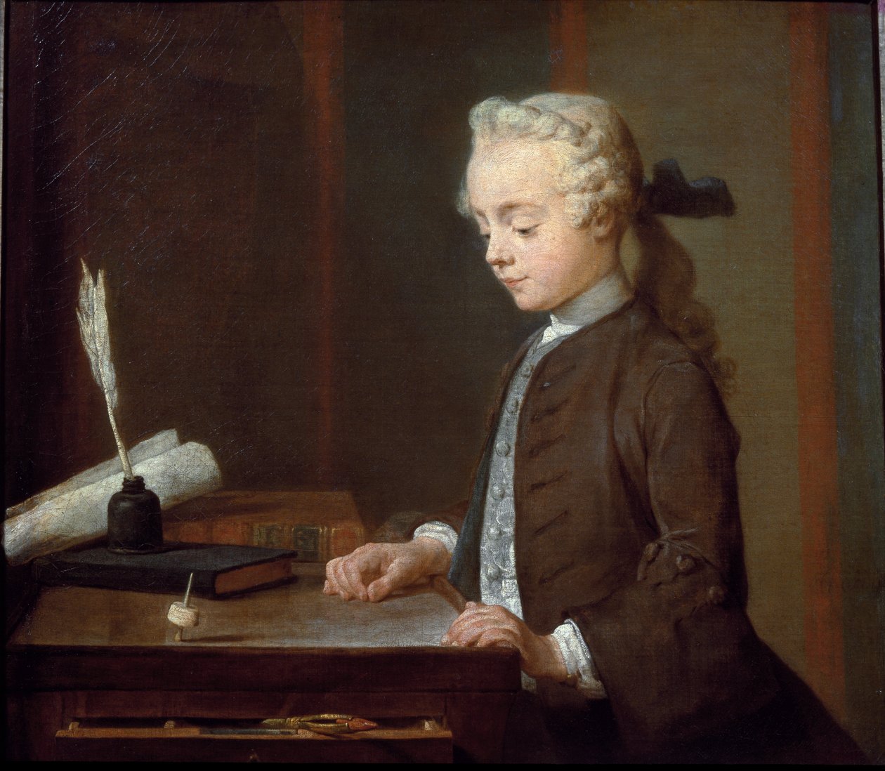 Pojke med snurra (eller barn med teetotum) - olja på duk av Jean Baptiste Simeon Chardin