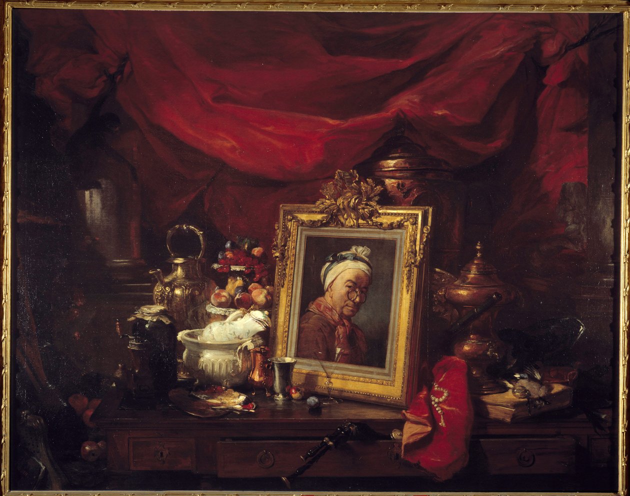 Chardin och hans modeller. Tabell i en array (abyme). En målning föreställande Jean Baptiste Simeon Chardin (1699-1779) omger stilleben. Målning av Philippe Rousseau (1816-1887) 1867 sön. 1,77x2,26 m Paris, musee d