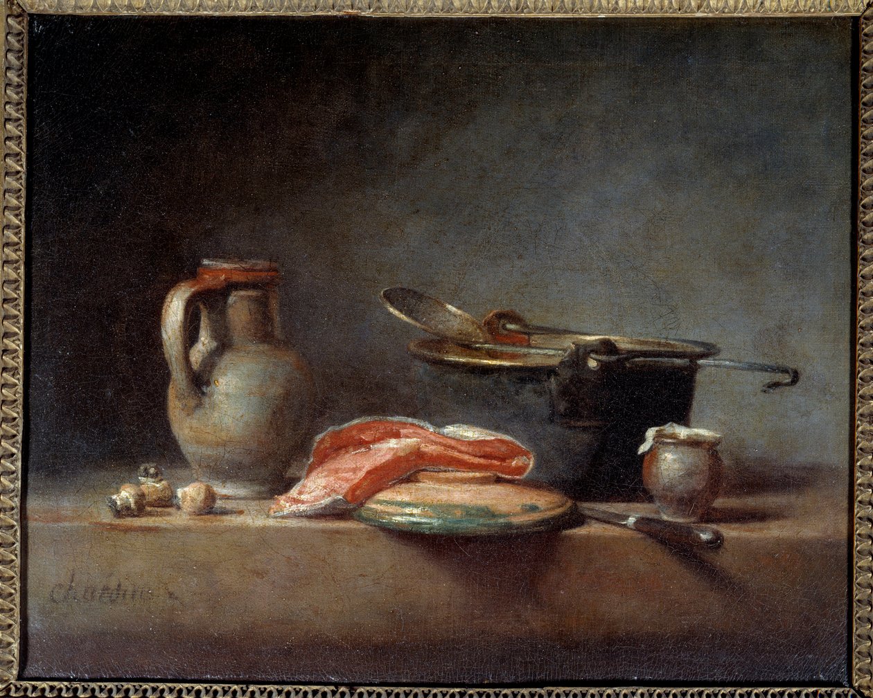 Koppargryta, skummare, kanna och skiva lax. Fortfarande liv. Jean Baptiste Simeon Chardin (1699 - 1779) av Jean Baptiste Simeon Chardin
