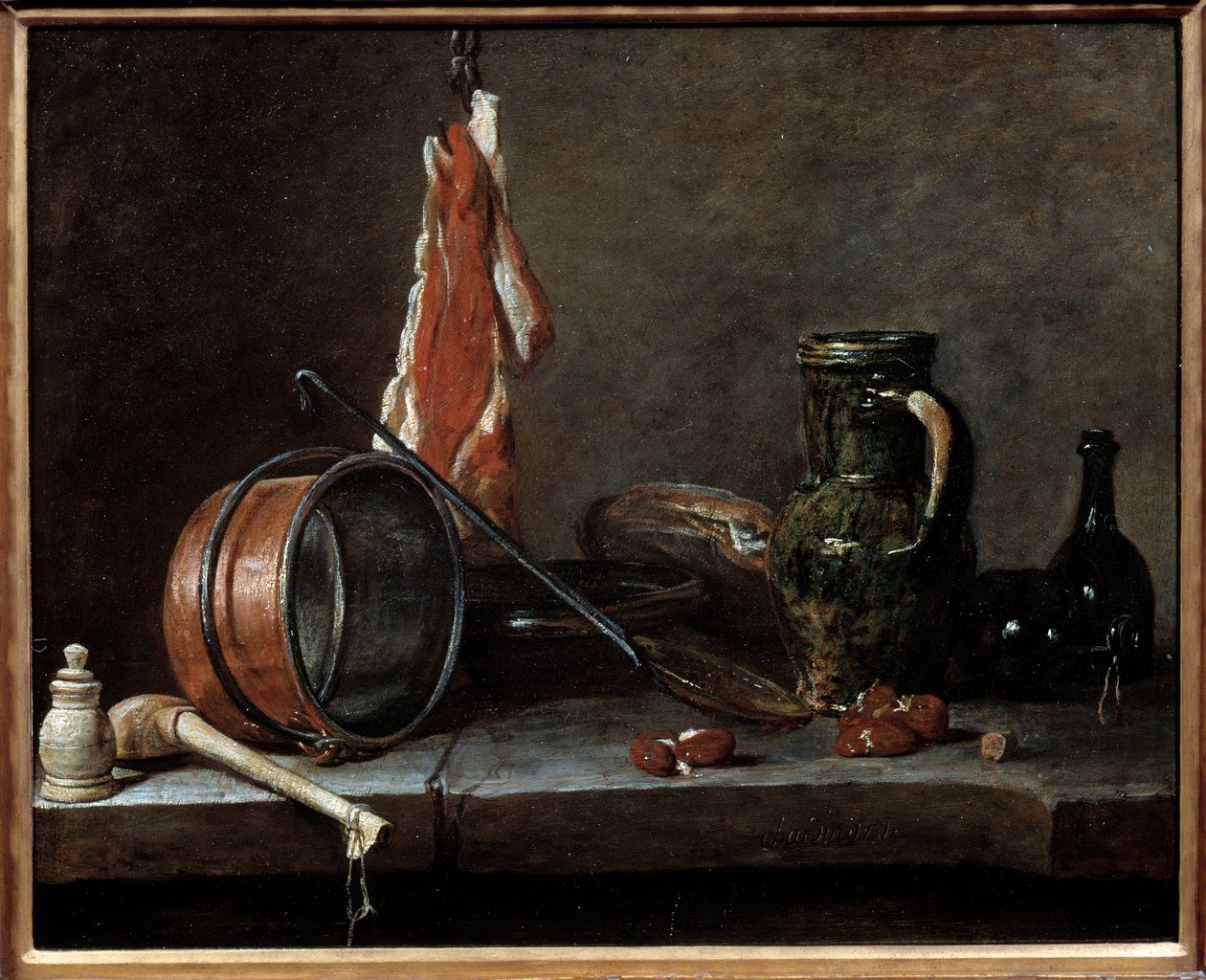 Fet meny och köksredskap. Fortfarande liv. Målning av Jean Baptiste Simeon Chardin (1699-1779) av Jean Baptiste Simeon Chardin