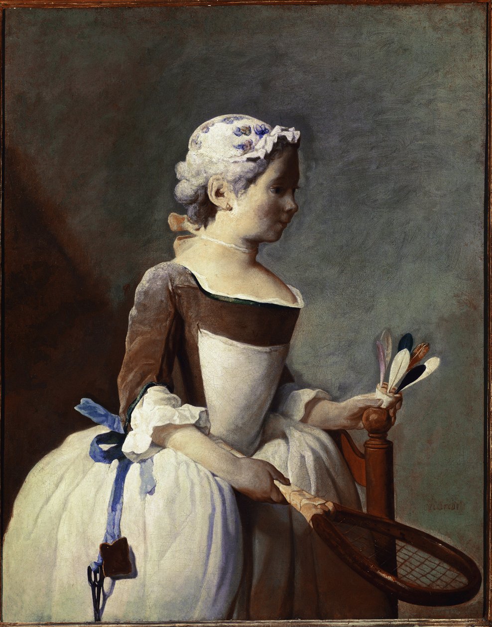 Flicka med racket och fjäderboll (olja på duk, ca 1737) av Jean Baptiste Simeon Chardin