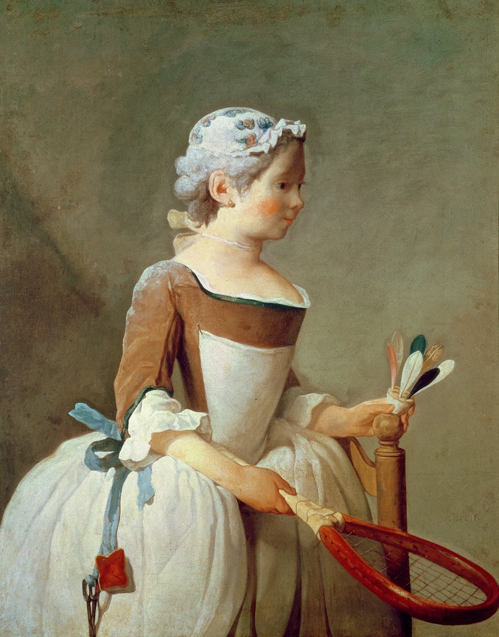 Flicka med racket och fjäderboll, ca 1740 av Jean Baptiste Simeon Chardin