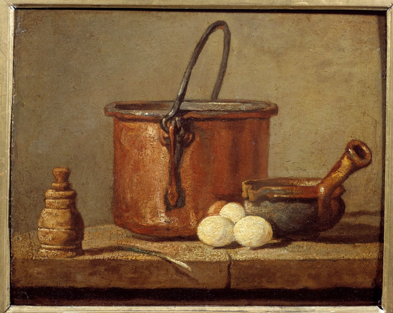 Köksredskap, kittel, poelon och ägg Målning av Jean baptiste Simeon Chardin (1699-1779) 1700-tal sön. 0,21 x 0,17 m av Jean Baptiste Simeon Chardin