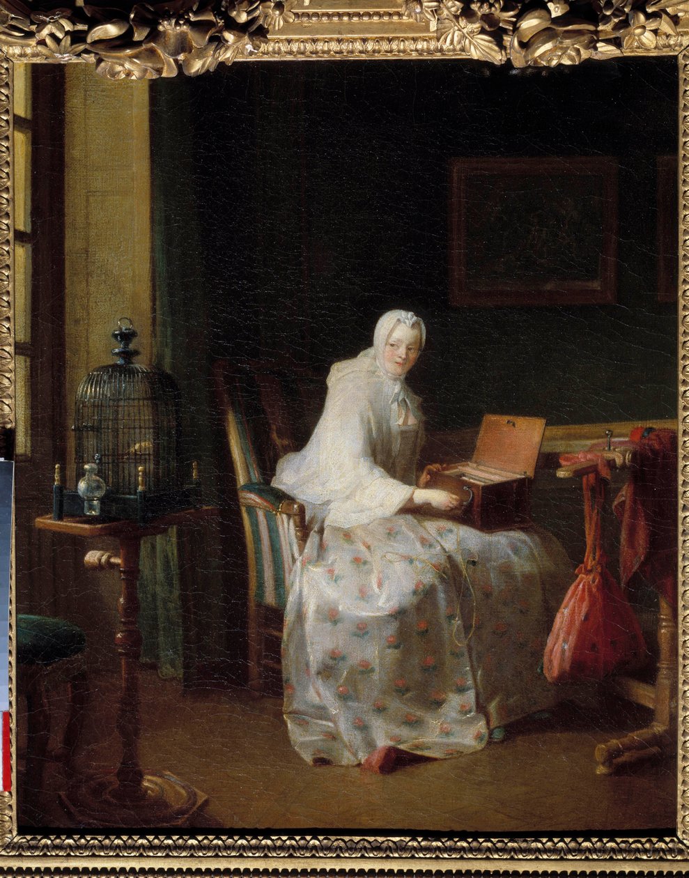 La serinette ou dame variant ses amusements Målning av Jean Baptiste Simeon Chardin (1699-1779) 1700-tal sön. 0,50 x 0,43 m av Jean Baptiste Simeon Chardin