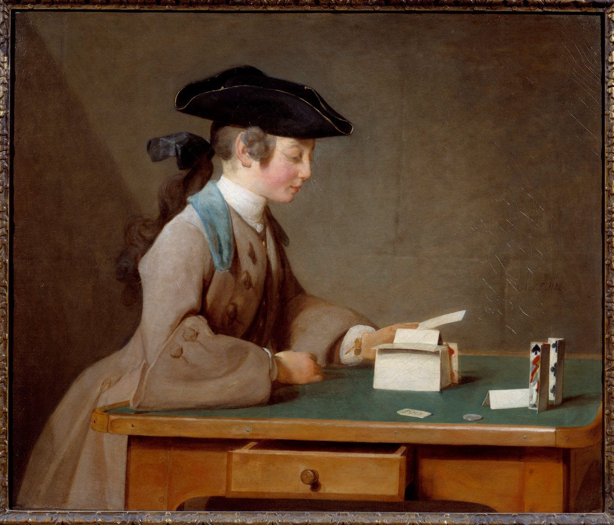 Korthuset eller ljudet av Monsieur Le Noir Målning av Jean Baptiste Simeon Chardin (1699-1779) 1737 Sön. 0,6x0,71 m London, nationalgalleriet - The House of cards (eller Mister Noirs son) - Målning av Jean Baptiste Simeon Chardin (1699-1779), olja på av Jean Baptiste Simeon Chardin
