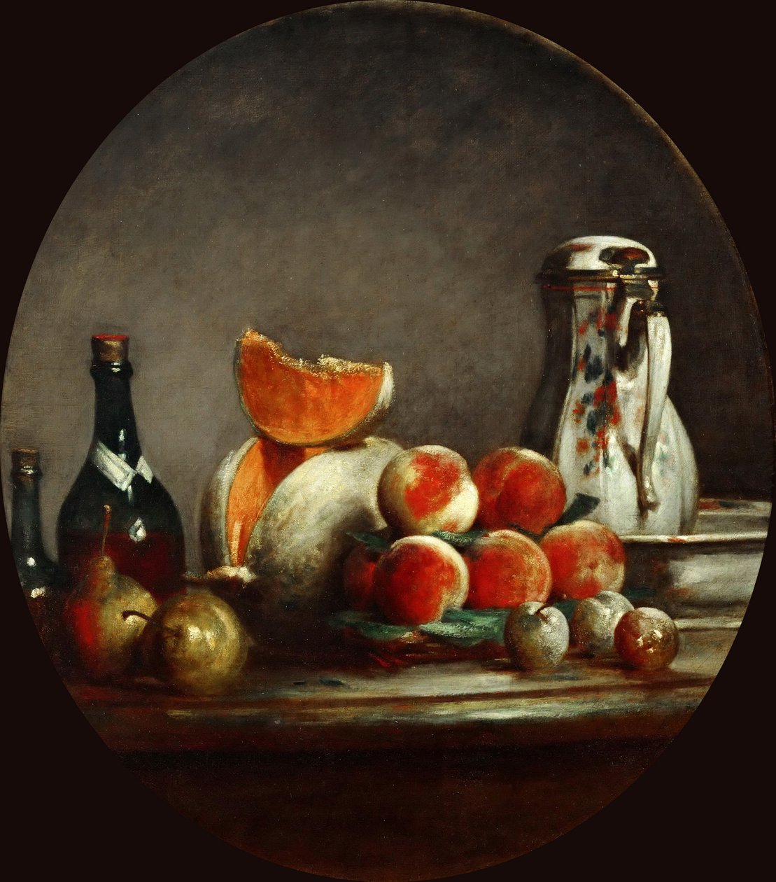 Meloner, päron, persikor och plommon, eller The cut melon, 1760 av Jean Baptiste Simeon Chardin