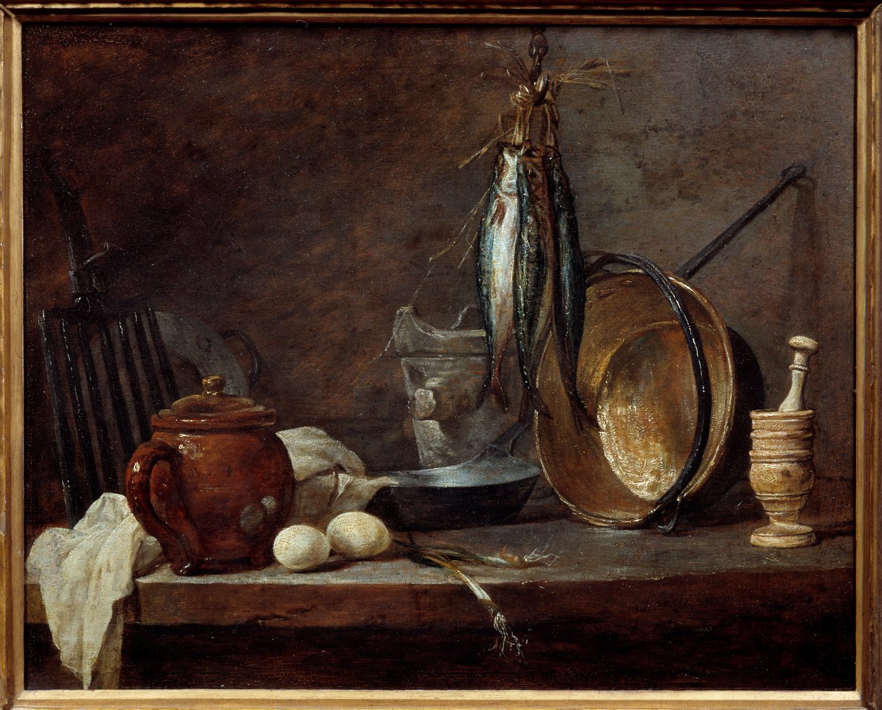 Meny med magert och köksredskap. Fortfarande liv. Målning av Jean Baptiste Simeon Chardin (1699-1779) av Jean Baptiste Simeon Chardin