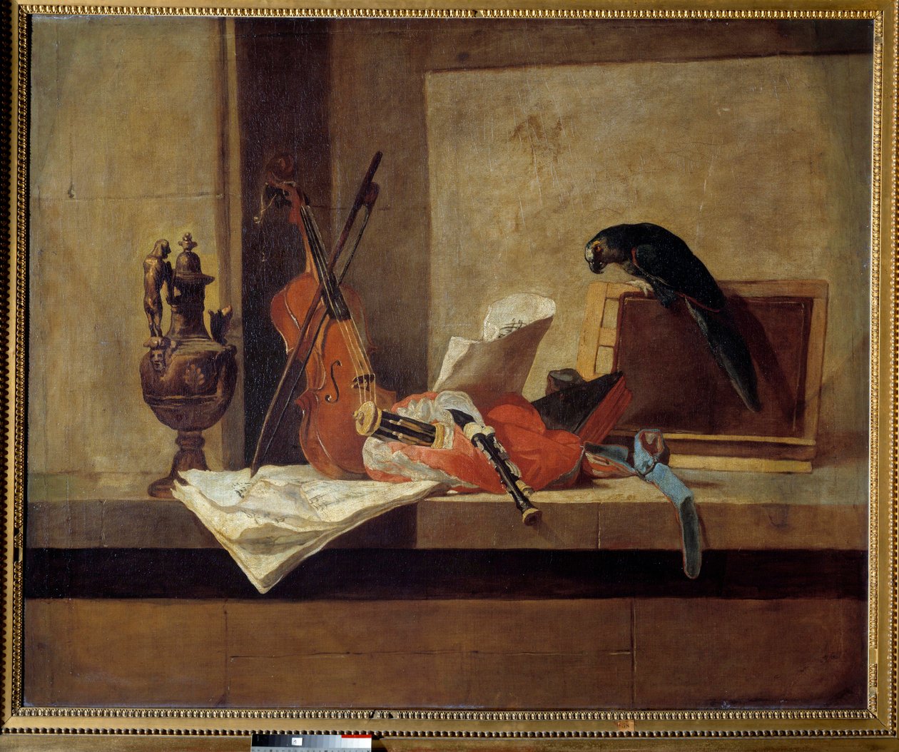 Musikinstrument och papegoja Målning av Jean Baptiste Simeon Chardin (1699-1779) 1700-tal Privat samling. av Jean Baptiste Simeon Chardin