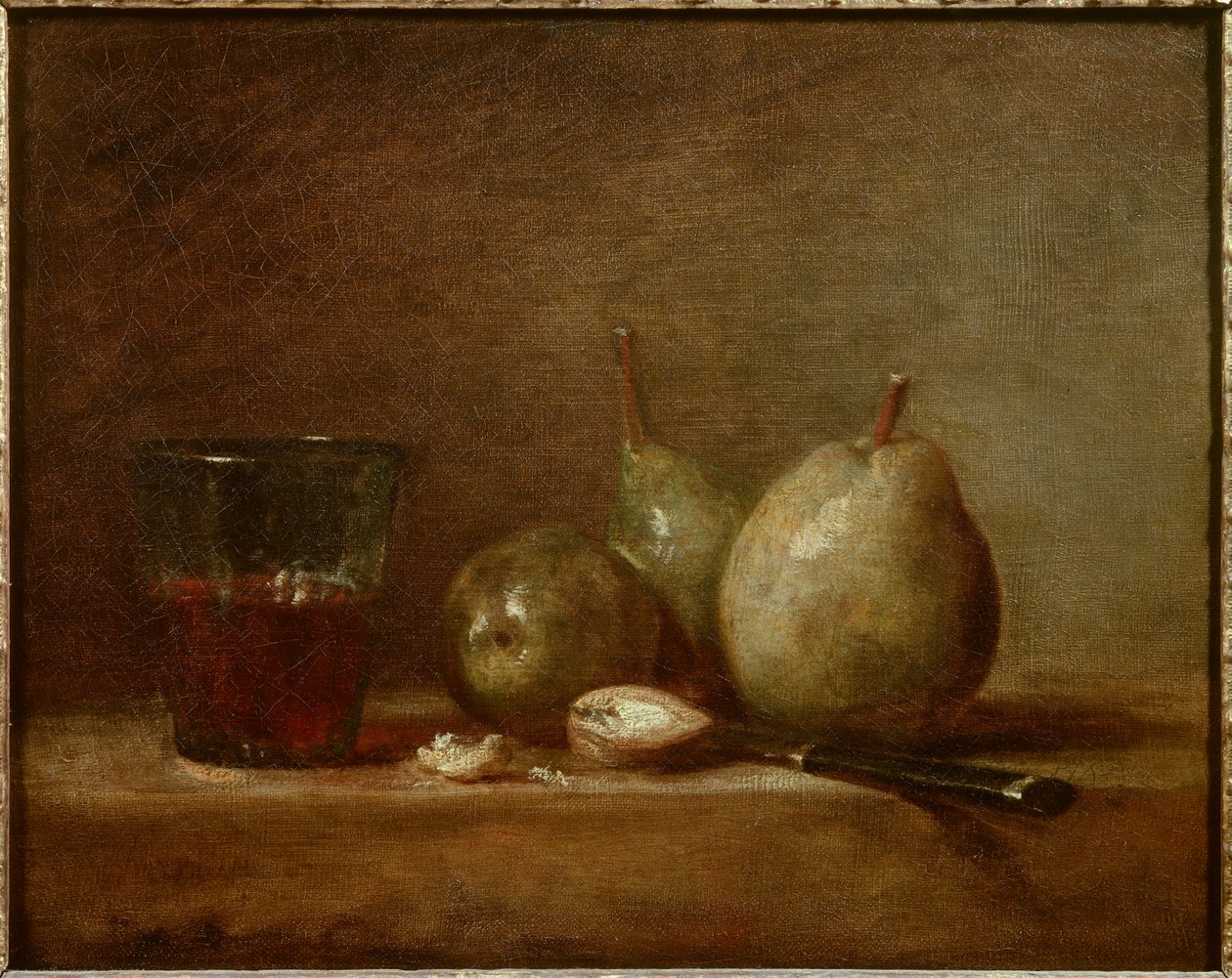 Päron, nötter och ett glas vin. Fortfarande liv. Målning av Jean Baptiste Simeon Chardin (1699-1779) av Jean Baptiste Simeon Chardin