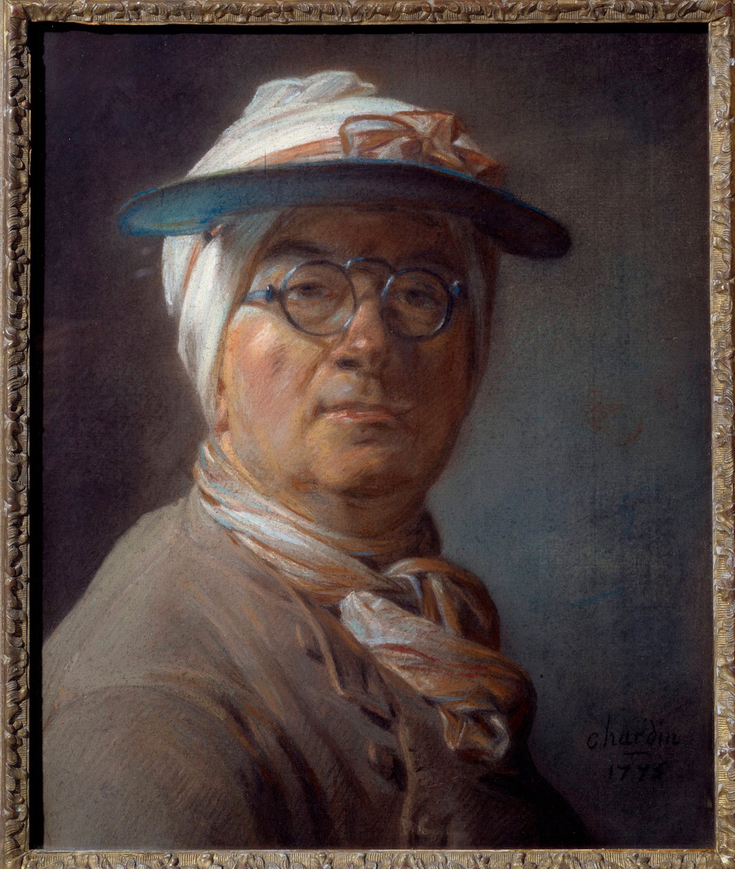 Självporträtt kallas porträtt en grön lampskärm Pastellmålning av Jean Baptiste Simeon Chardin (1699-1779) 1775 Sön. 0,46x0,38 m - Salvporträtt (med den gröna nyansen) - Målning av Jean Baptiste Simeon Chardin (1699-1779), pastell på papper (46x38 cm) av Jean Baptiste Simeon Chardin