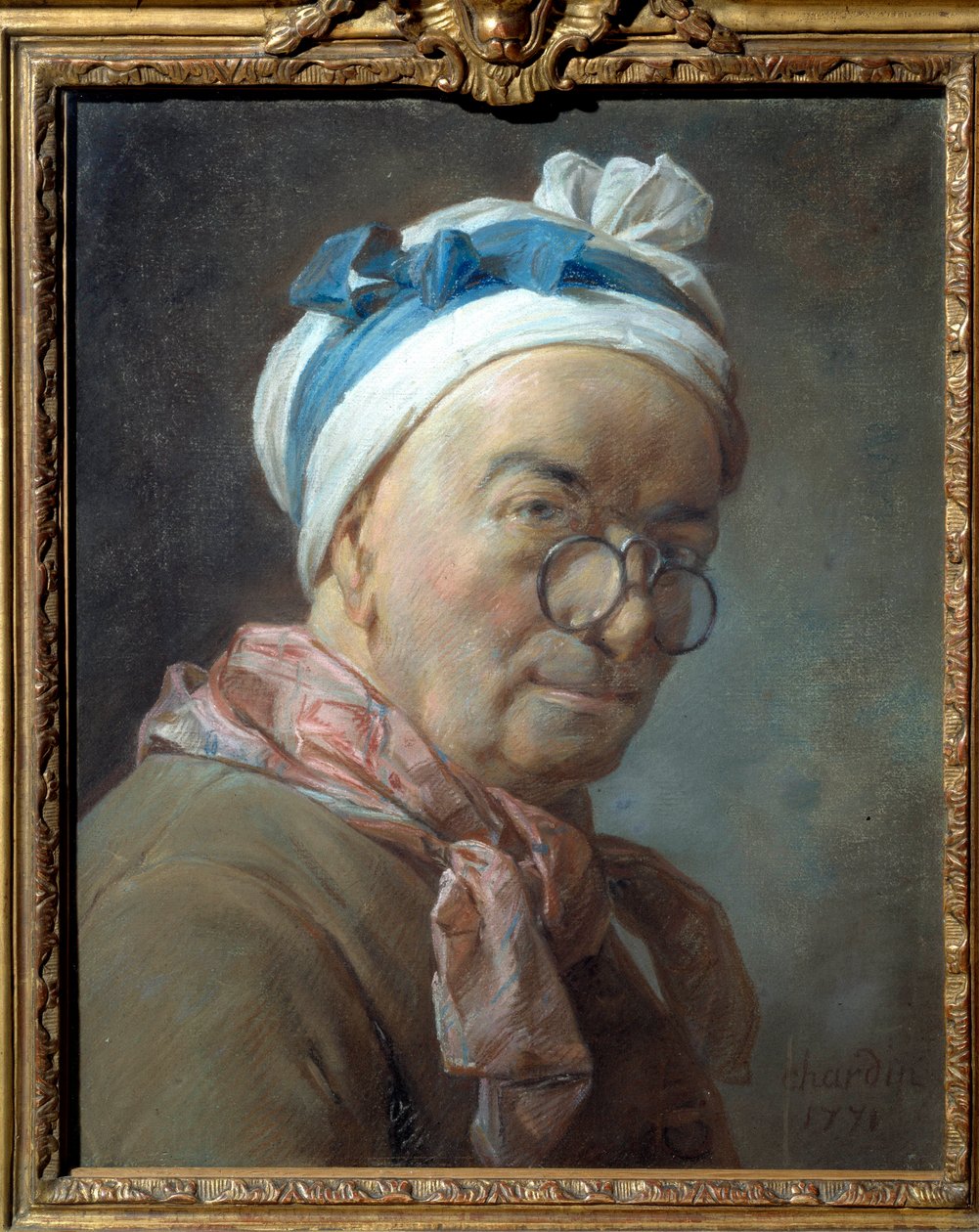 Självporträtt berättat för bisiklarna Målning av Jean Baptiste Simeon Chardin (1699-1779). 1771. Dim. 0,459 x 0,375 m. av Jean Baptiste Simeon Chardin