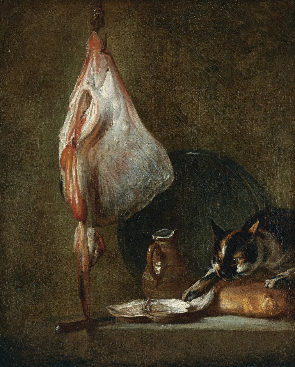 Stilleben med katt och röjor av Jean Baptiste Simeon Chardin