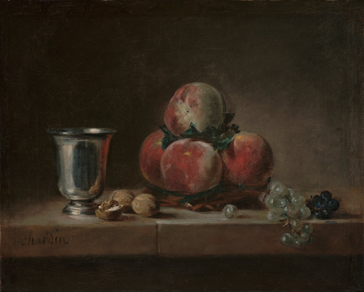 Stilleben med persikor, en silverbägare, vindruvor och valnötter, ca 1759-60 (olja på duk) av Jean Baptiste Simeon Chardin