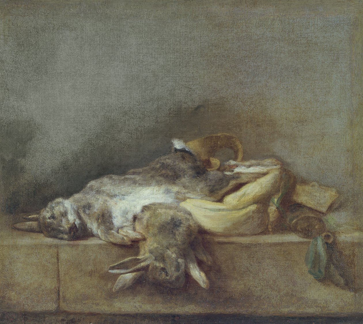Stilleben med kaniner, en Gamebag och ett pulverhorn, c.1755 av Jean Baptiste Simeon Chardin