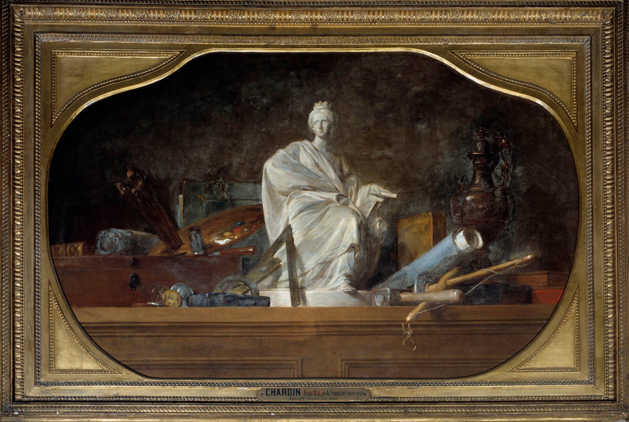 Attributen av Arts Allegory of the arts med skulptörsverktyg, statyett. Målning av Jean Baptiste Simeon Chardin (1699-1779) 1765 sön. 0,91x1,45 m av Jean Baptiste Simeon Chardin
