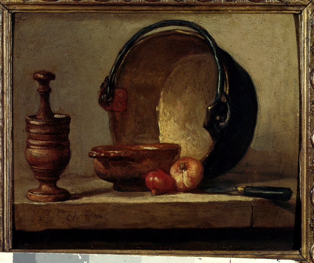 Koppar chaudon stilleben med mortel och lök. Målning av Jean Baptiste Simeon Chardin (1699-1779) 1732 Paris, Musee Cognacq Jay av Jean Baptiste Simeon Chardin