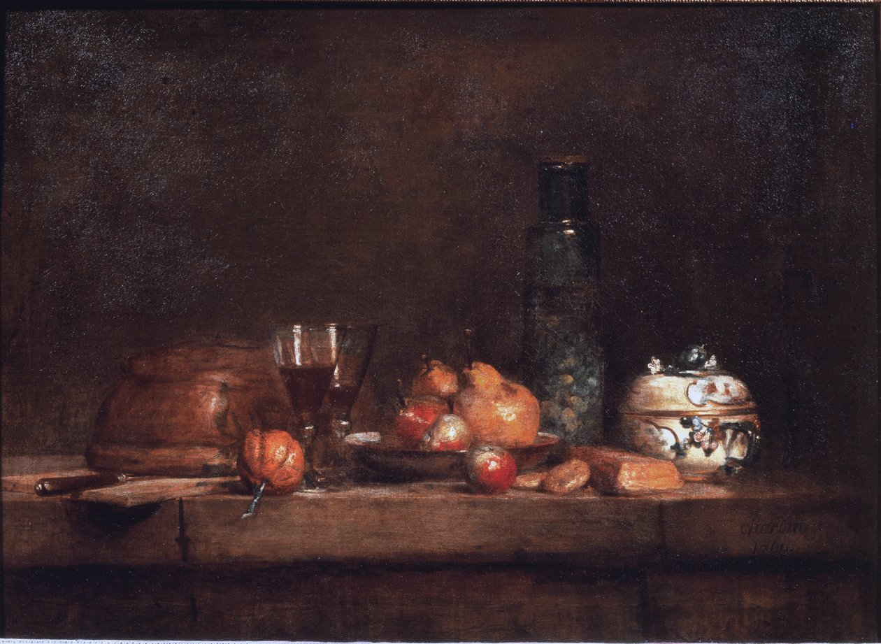 Burken med oliver - Olja på duk av Jean Baptiste Simeon Chardin