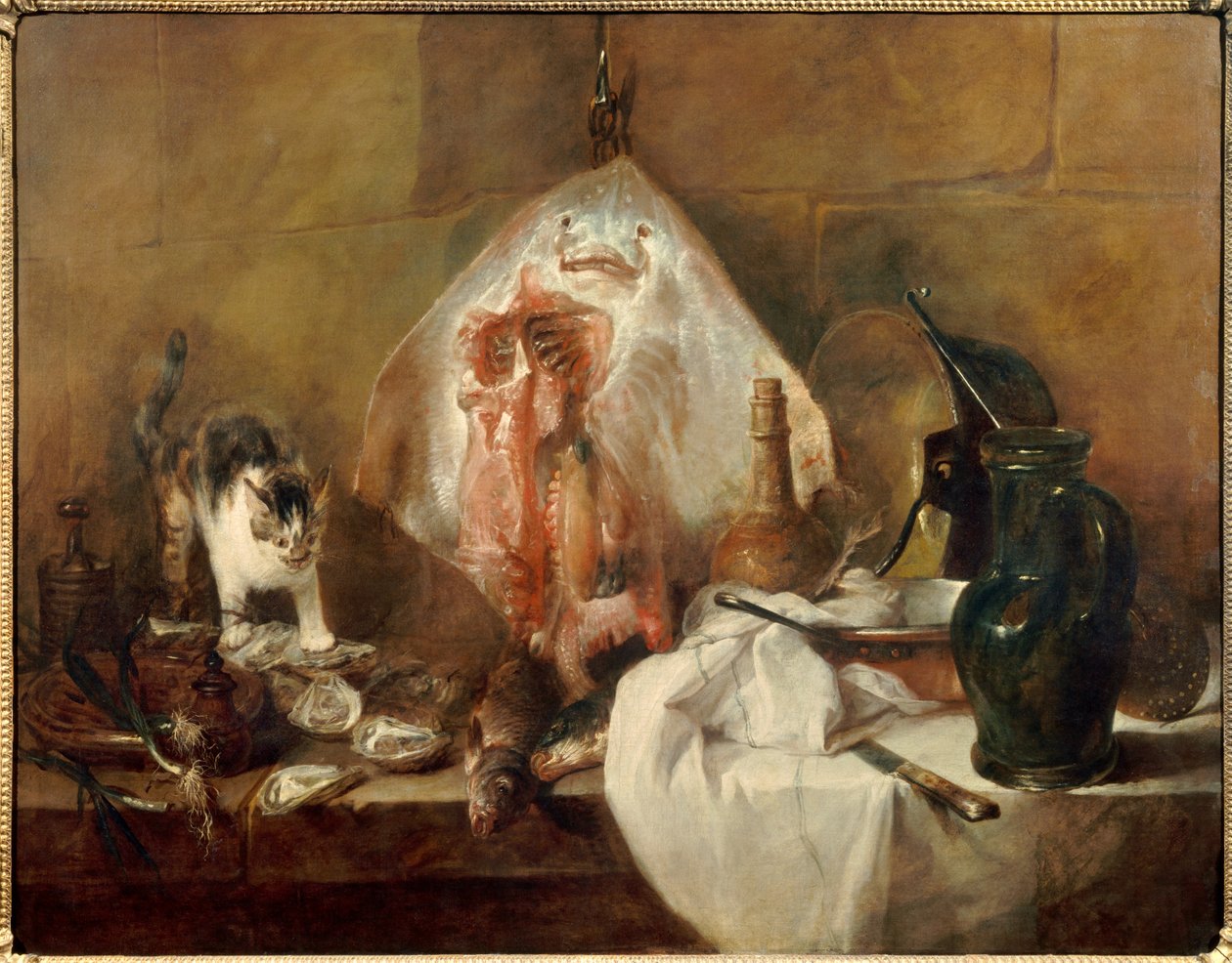 Stillebensskridsko av fisk, ostron, kanna. Målning av Jean Baptiste Simeon Chardin (1699-1779) 1727 sön. 1,14 x 1,46 m Paris. Louvren av Jean Baptiste Simeon Chardin
