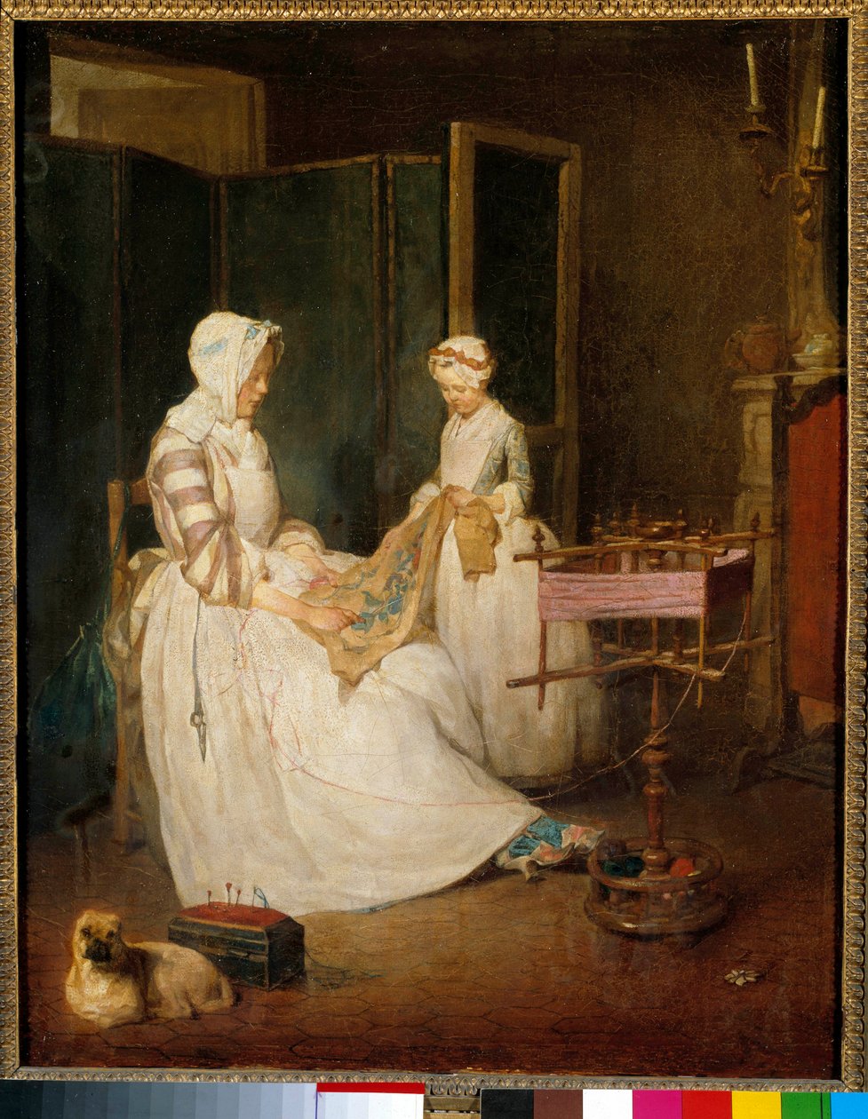 Den arbetande mamman En mamma hjälpt av sin dotter som broderar och använder en chedder. Målning av Jean Baptiste Simeon Chardin (1699-1779) 1700-talets sön. 0,4x0,39 m av Jean Baptiste Simeon Chardin