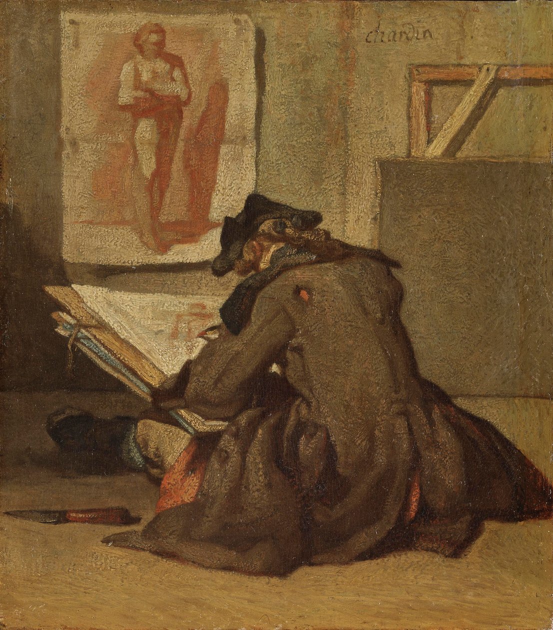 Ung studentteckning (olja på ek) av Jean Baptiste Simeon Chardin