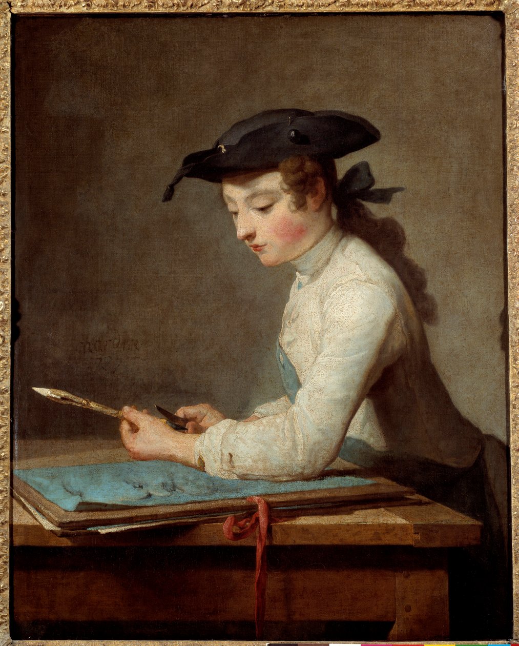 Ung serietecknare snida sin penna. Målning av Jean Baptiste Simeon Chardin (1699-1779) av Jean Baptiste Simeon Chardin