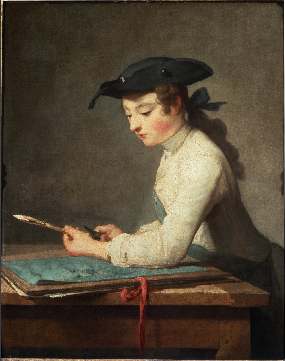 Ung serietecknare snida sin penna. Målning av Jean Baptiste Simeon Chardin av Jean Baptiste Simeon Chardin