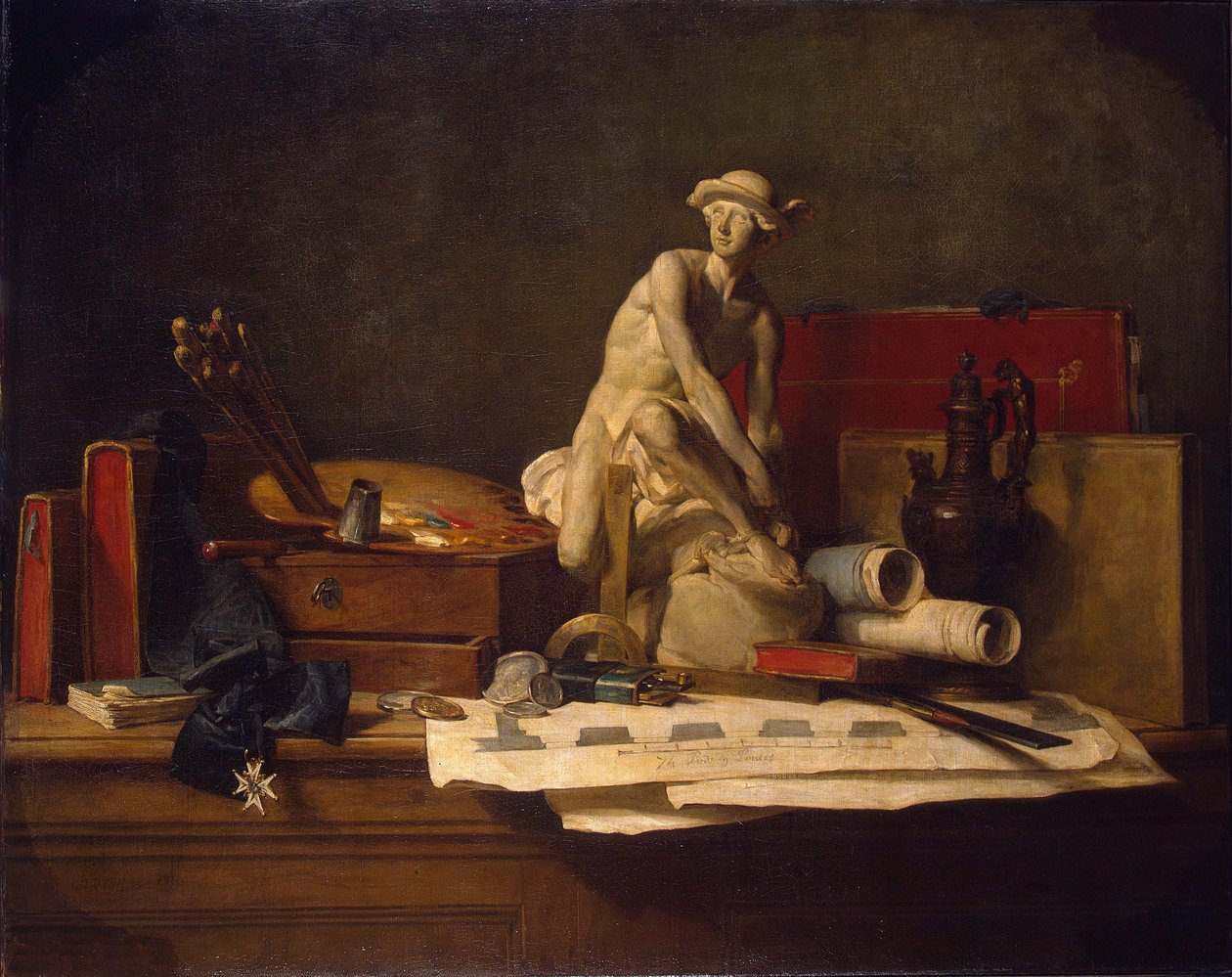 Franska:  Nature morte avec des attributs des Arts Stilla liv med konstens attribut av Jean Baptiste Simeon Chardin