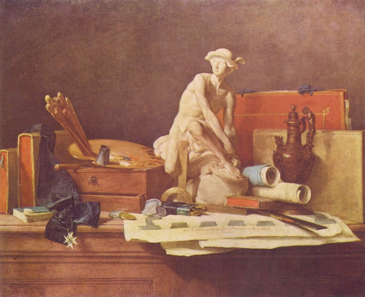 Franska:  Nature morte avec des attributs des Arts Stilla liv med konstens attribut av Jean Baptiste Simeon Chardin