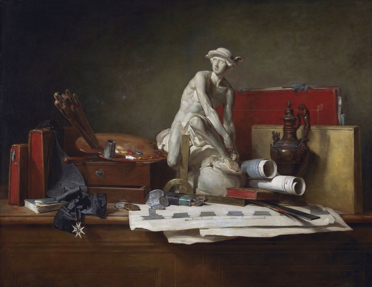 Franska:  Nature morte aver des attributs des Arts Konstnärernas attribut och de belöningar som tillkommer dem av Jean Baptiste Simeon Chardin