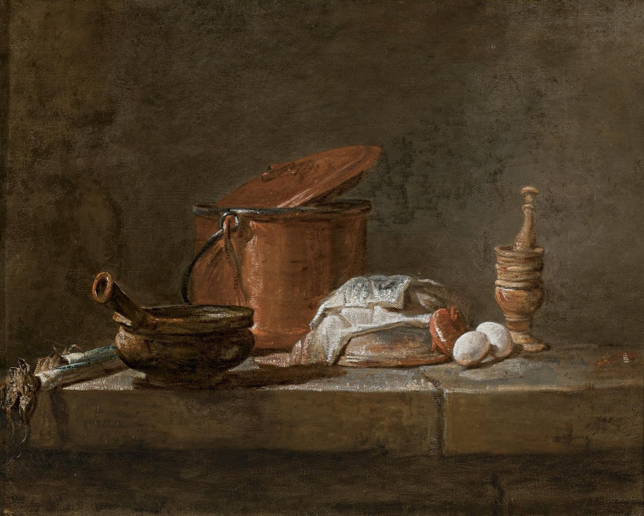Purjolök, en gryta med duk, en koppargryta med lock, en lök och ägg med mortelstöt, på en stenavsats av Jean Baptiste Simeon Chardin