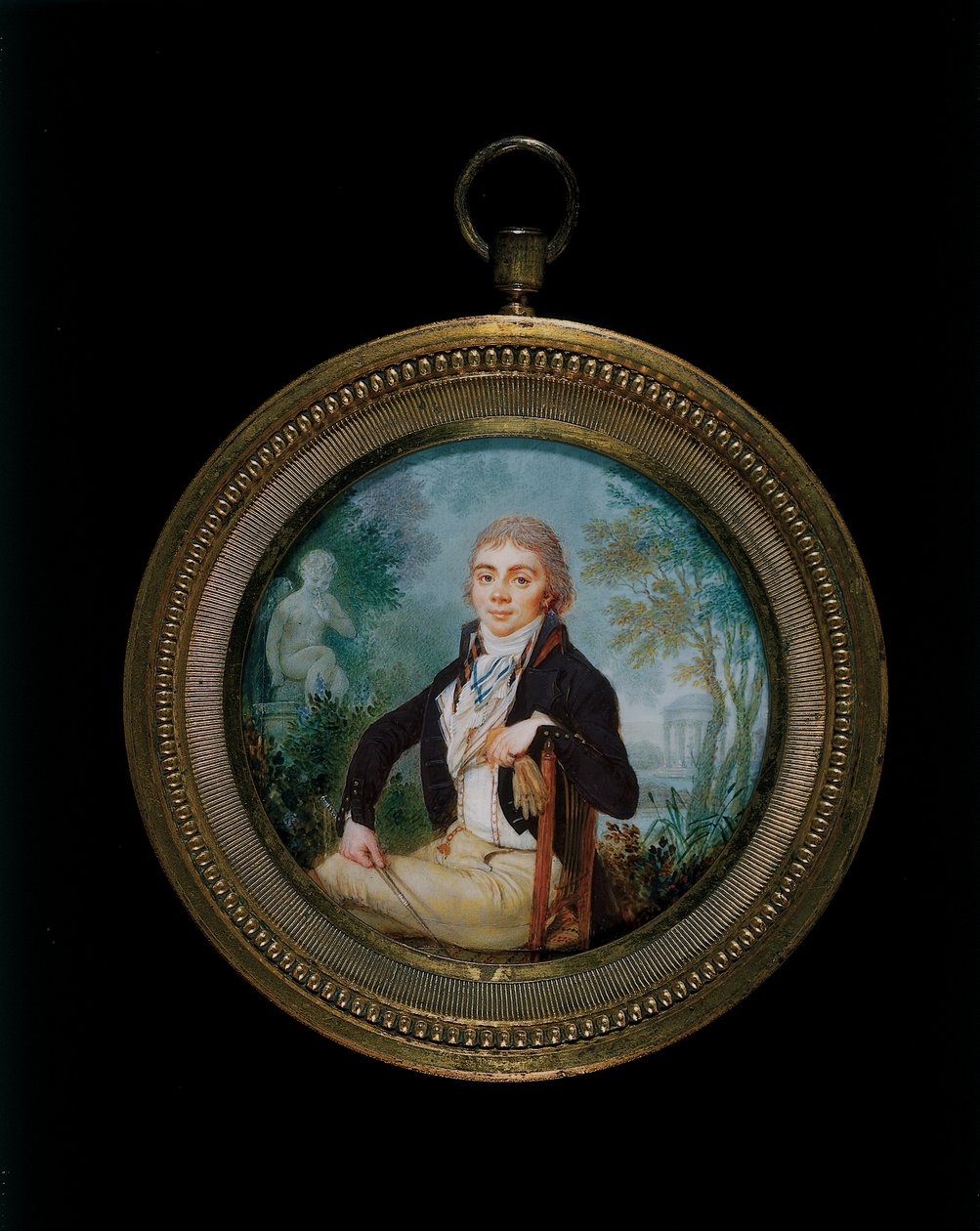 Porträtt Miniatyr av en ung gentleman vid namn Mr Videl, sittande tre fjärdedels längd (ram i förgylld brons) av Jean Baptiste Soyer