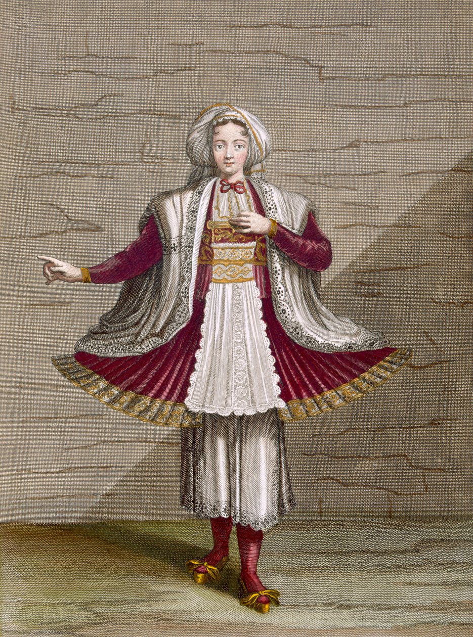 En flicka från Naxos, tavla 71 från "Collection of One Hundred Prints Representing the Different Nations of the Levant" av Charles de Ferriol, graverad av Gerard Scotin (1671-1716), 1707-08 (färgad gravyr). av Jean Baptiste Vanmour