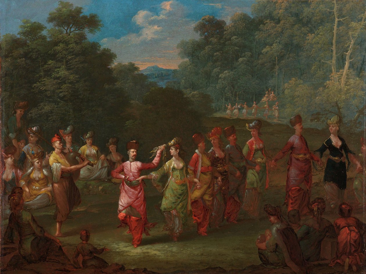 Grekiska män och kvinnor som dansar Khorra, ca 1720-37 av Jean Baptiste Vanmour