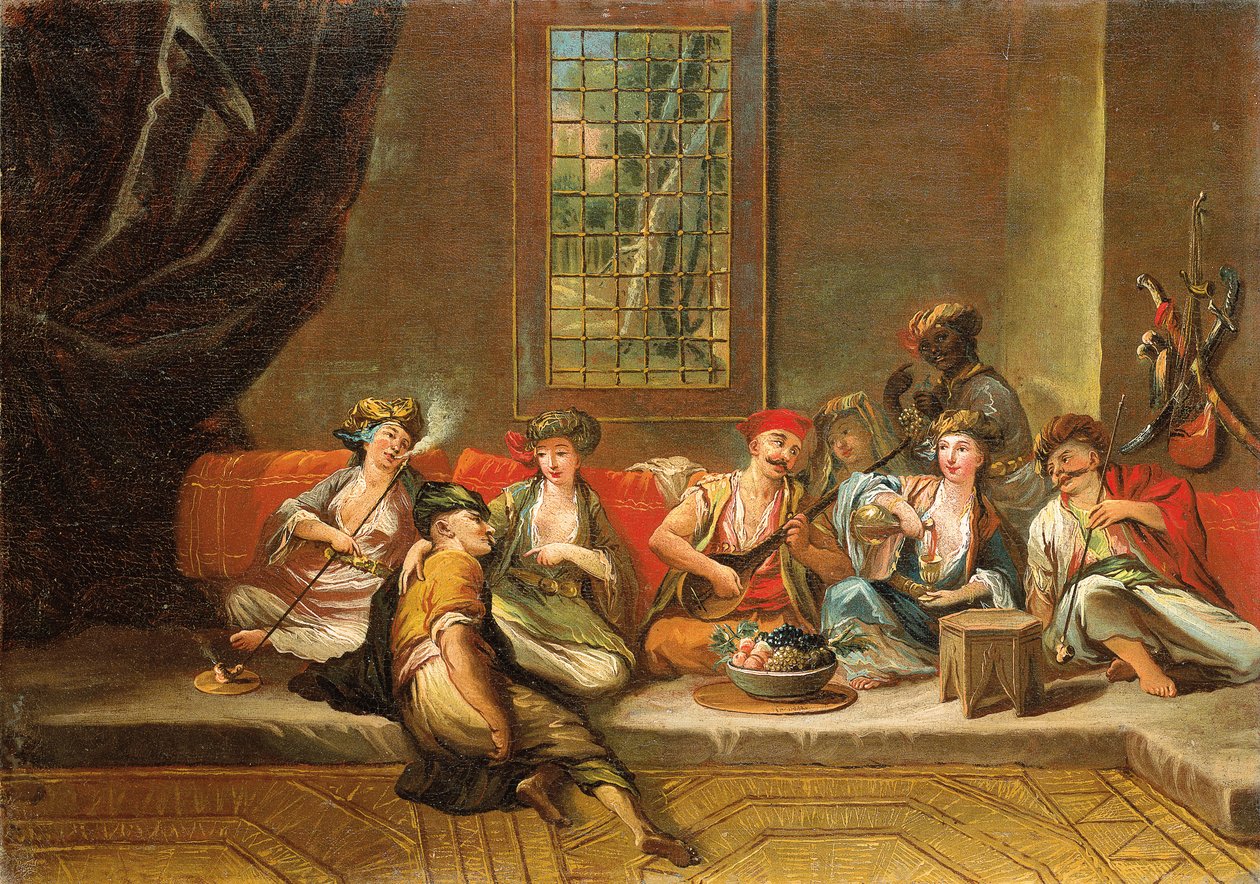 Grekiska sjömän glada i en interiör av Jean Baptiste Vanmour