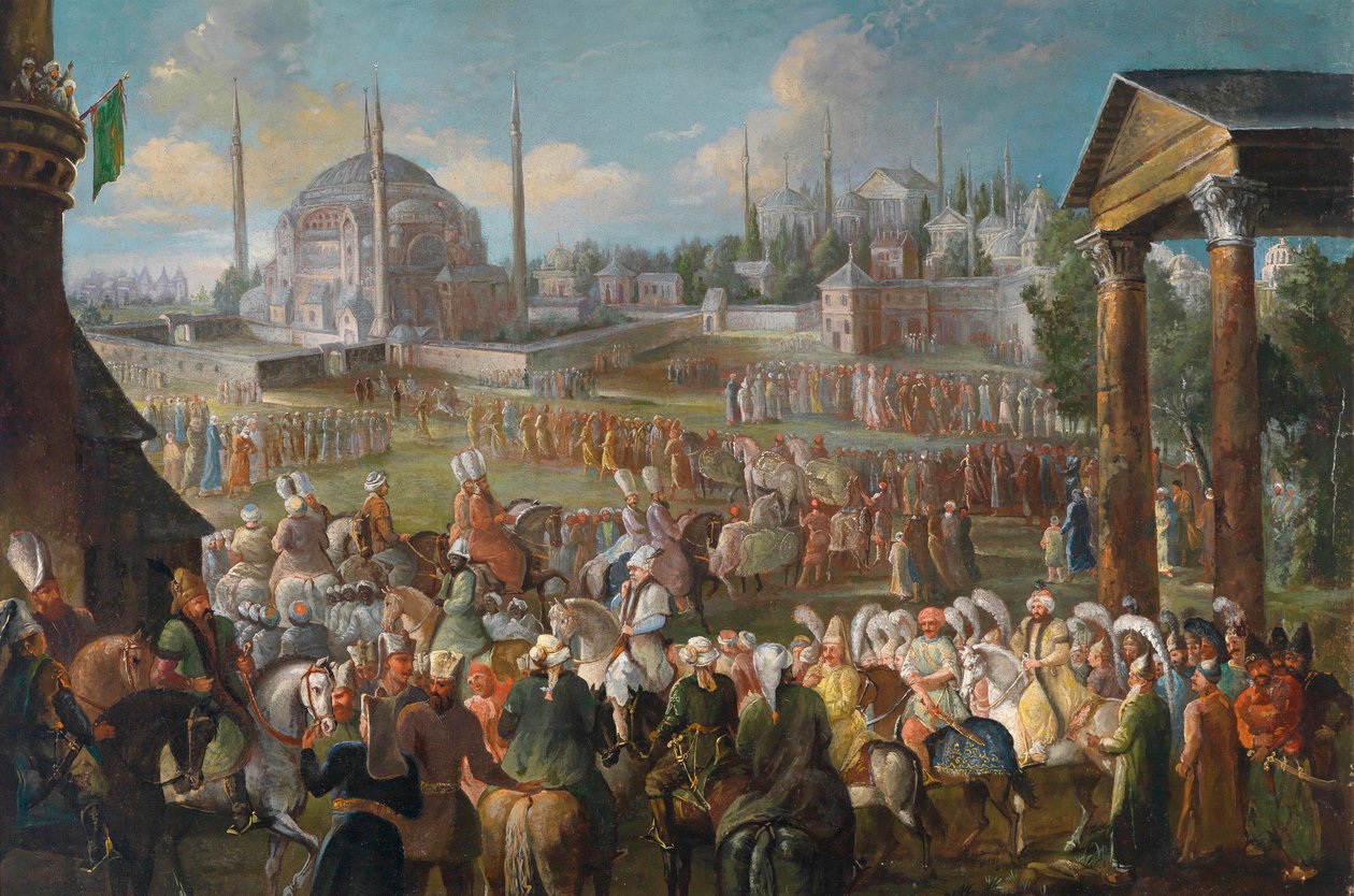 Sultanens procession i Istanbul - Målning av Jean Baptiste van Mour (Jean-Baptiste Vanmour) (1671-1737), cirka 1736 - Sultanens procession i Istanbul - Olja på duk av Jean Baptiste van Mour (Vanmour) (1671-1737), c1736 - 62x93 cm - Privat samling av Jean Baptiste Vanmour