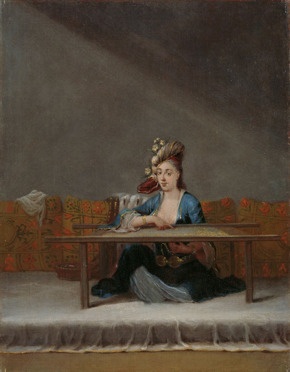 Turkisk kvinna vid hennes broderiram, c.1720-37 av Jean Baptiste Vanmour