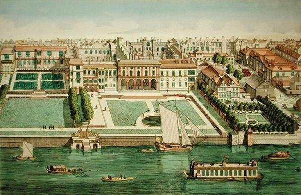 Utsikt över Somerset House från floden, från "Collection of Prospects" (kolorerat gravyr) (se även 94450) av Jean Benoit Winckler