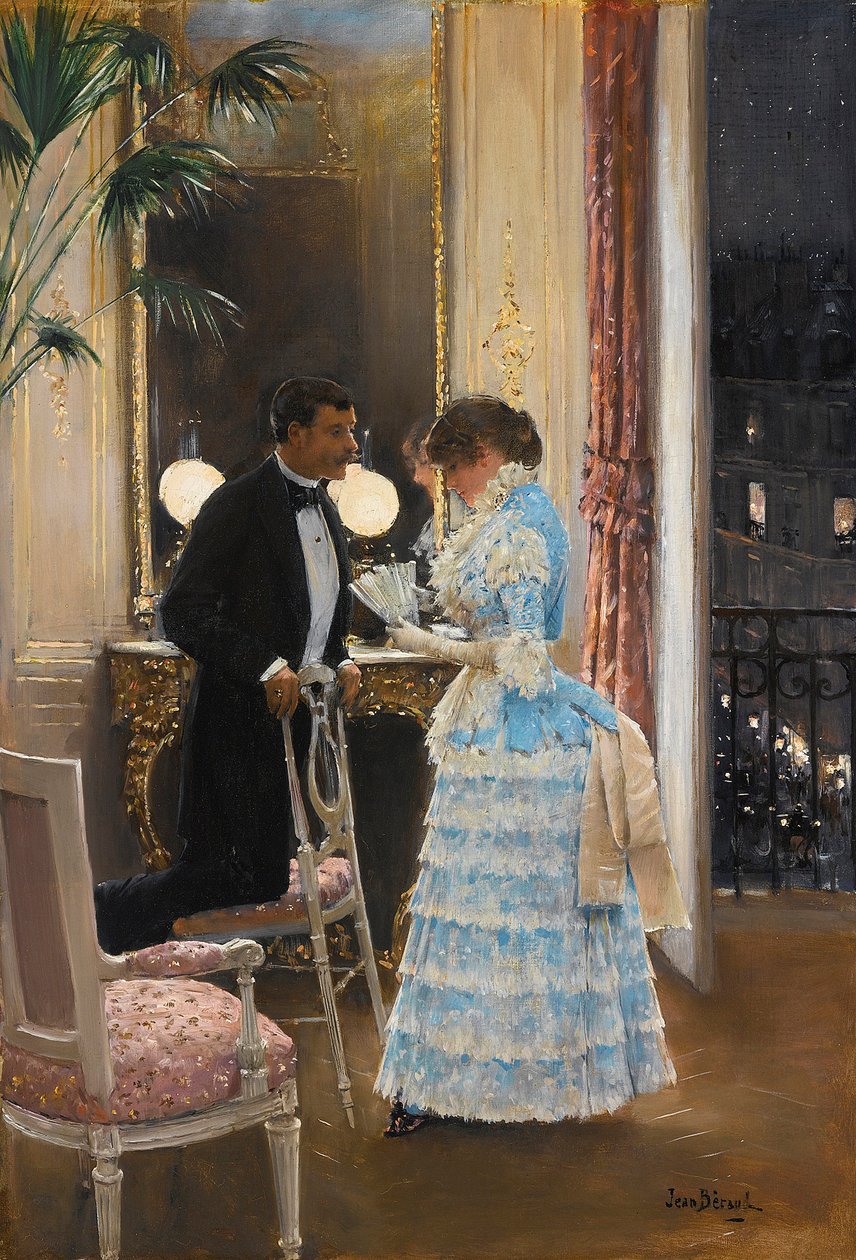 En konversation av Beraud, Jean (1849-1936). Olja på duk, storlek: 55,9x39,3, , Privat samling av Jean Beraud