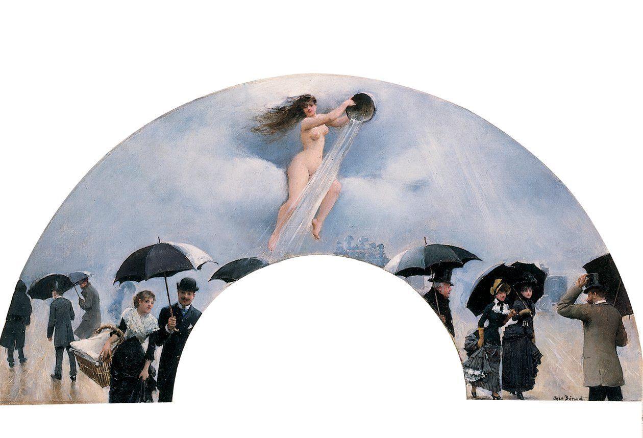 En allegori om regn, målad som solfjäder av Jean Beraud