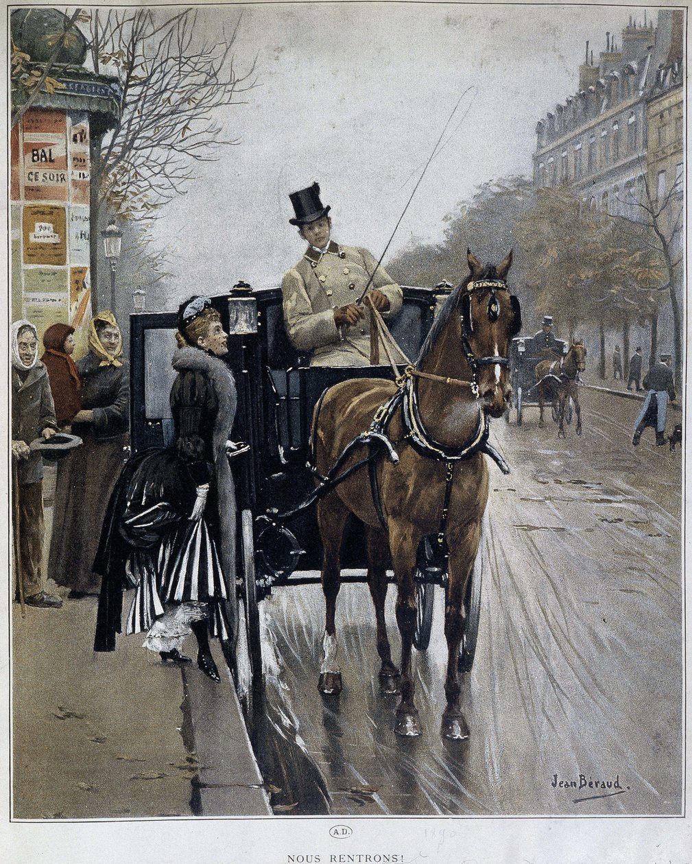 Elegant kvinna i en vagn i Paris: "We returnees" - illustration av Jean BERAUD (1849 - 1935), sent 1800-tal. av Jean Beraud