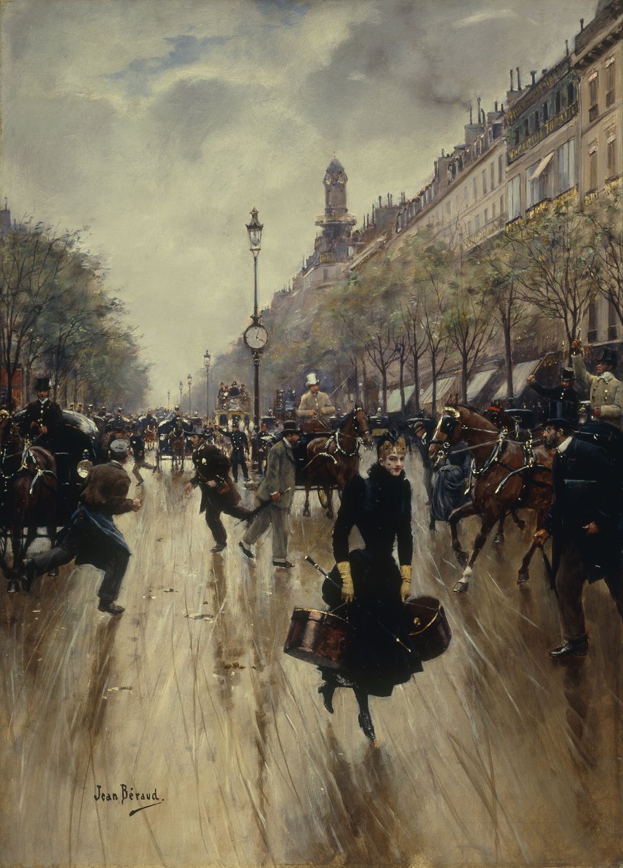 Fyra på eftermiddagen vid Carrefour Drouot och Grand Boulevard, ca 1895 av Jean Beraud