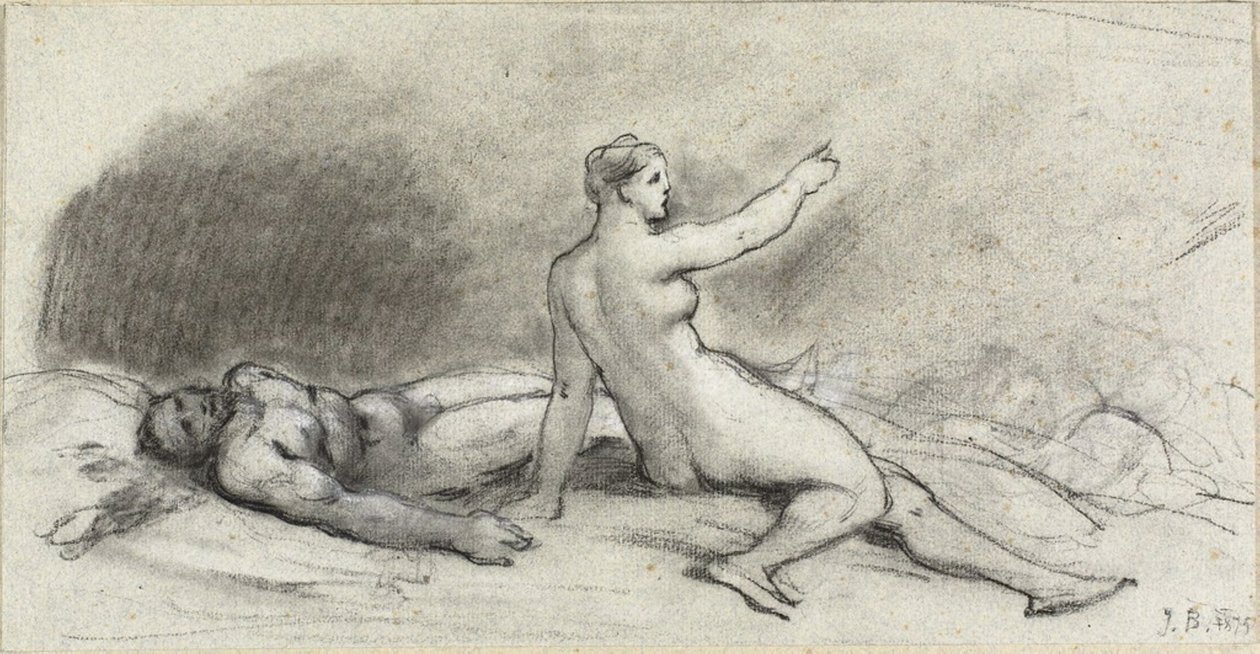 Naken kvinna sitter med naken man sover (recto); Kvinnlig torso sedd bakifrån (verso) av Jean Beraud