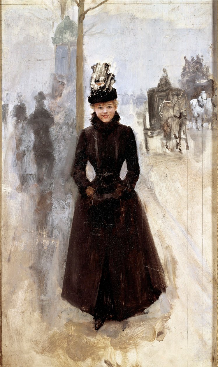 Parisisk kvinna på boulevarden eller kvinna med muff Målning av Jean Beraud (1849-1935) 1800-talsturer, Musee des Beaux Arts av Jean Beraud