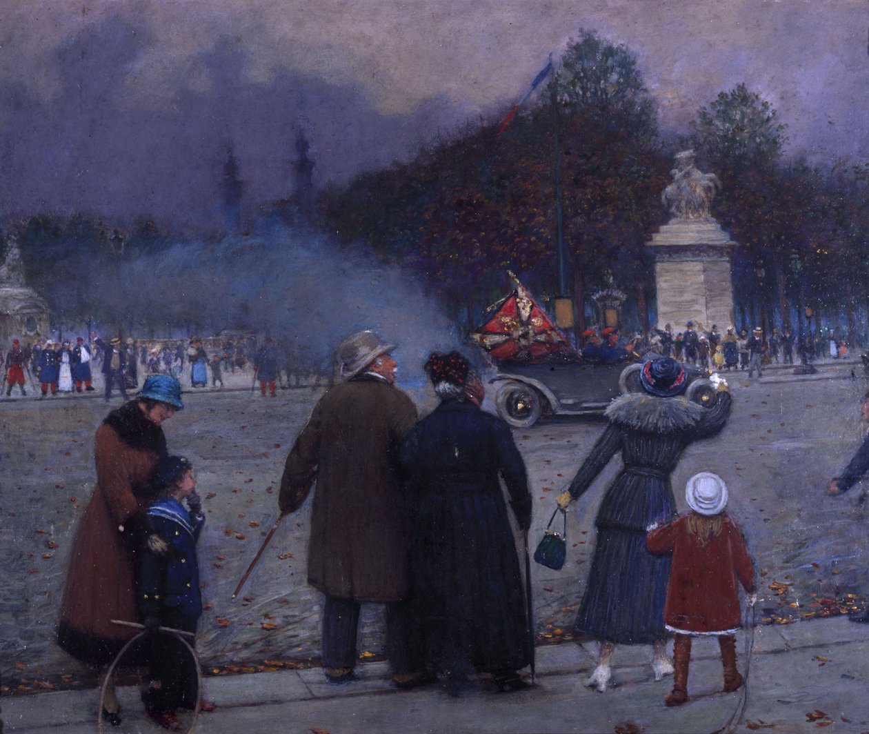Den tyska flaggan tagen till Les Invalides, ca 1914 (olja på kort) av Jean Beraud