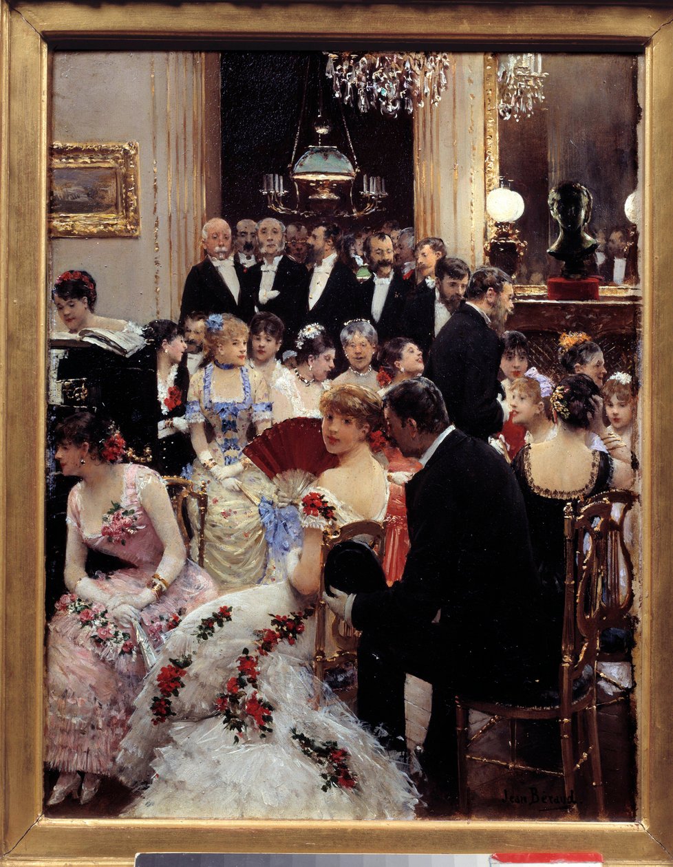 Kvällen. Målning av Jean Beraud (1849-1936). Dämpa. 0,35x0,27m. Paris, Musee Carnavalet - Soiree. Olja på trä, 0,35 x 0,27 m. Paris, Musée Carnavalet. av Jean Beraud