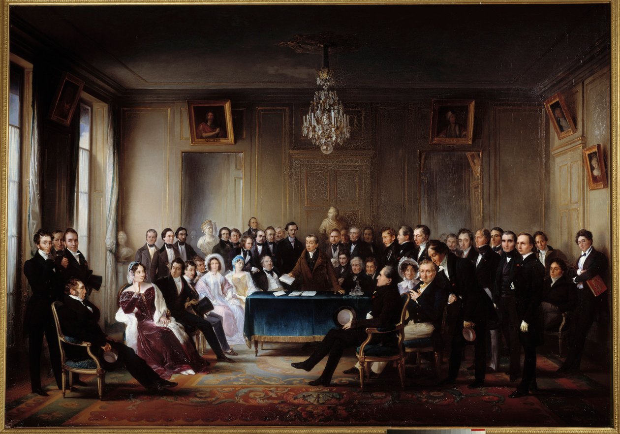 Poeten och dramatikern Francois Guillaume Andrieux läser sin tragedi Junius Brutus ”” i foajén på Comedie Francaise den 26/05/1828” Bland presenterna Alexandre Dumas, Pierre Nicolas Michelot, Jean Francois Becquerel, Firmin, Victor Hugo, Eugene av Jean Beraud