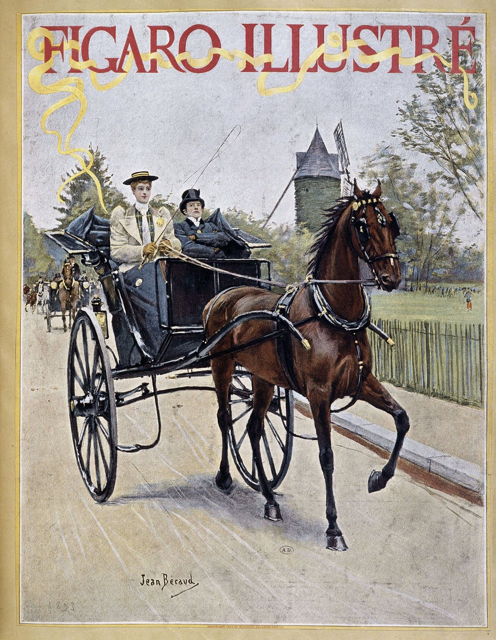 Kvinna kör vagn med man som sitter bredvid - omslag i "" Figaro Illustré"" av Jean Beraud