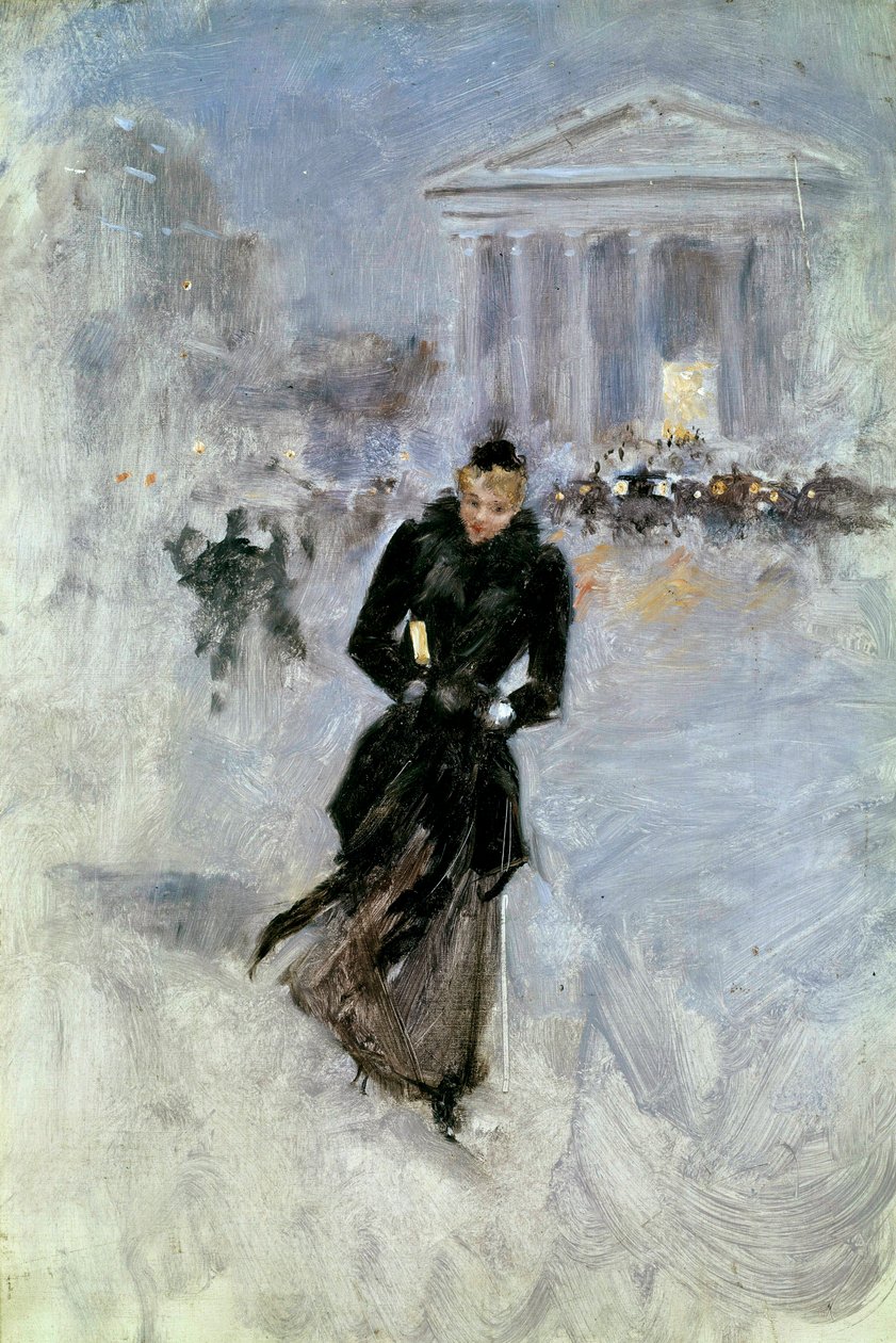 Ung elegant kvinna vid boan i rue Royale i Paris Målning av Jean Beraud (1849-1935) 1900-talsturer, Musee des Beaux Arts av Jean Beraud