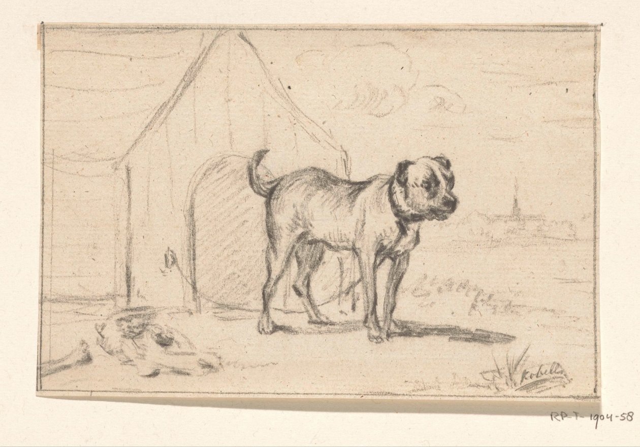 Kopplade hund, stående framför sin kennel av Jean Bernard